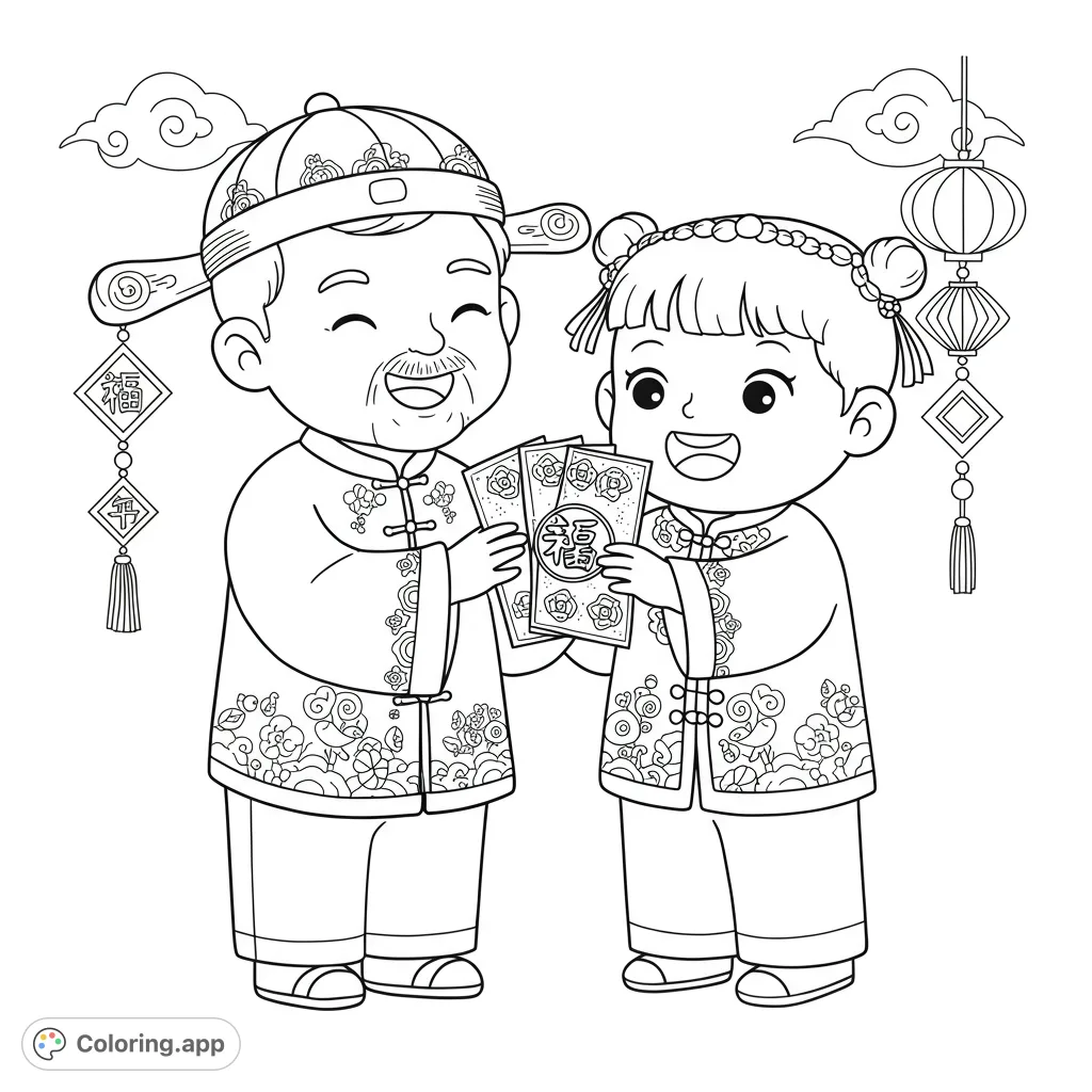 Celebrate Lunar New Year with this charming scene of an elder and child exchanging lucky red envelopes amidst festive decorations. Perfect for cultural learning.