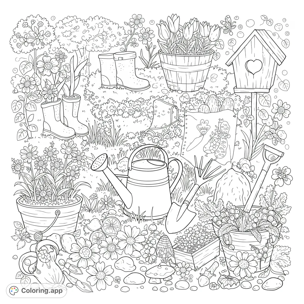 Explore a charming garden scene filled with blooming flowers, essential gardening tools, and delightful details. A perfect free printable coloring page for all ages.