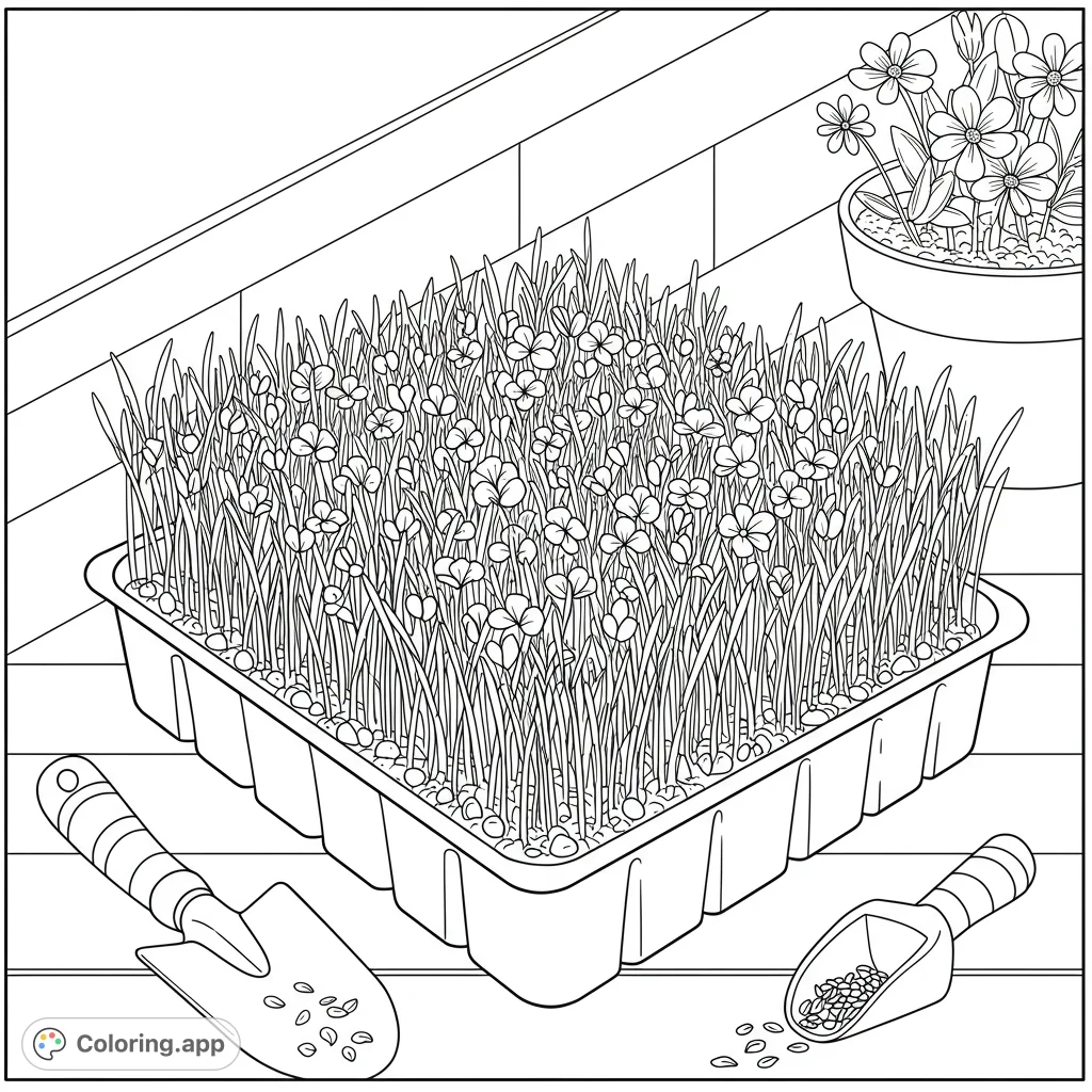 A vibrant microgreens garden tray with tiny clover leaves and grass, surrounded by gardening tools and scattered seeds, ready for a burst of color.