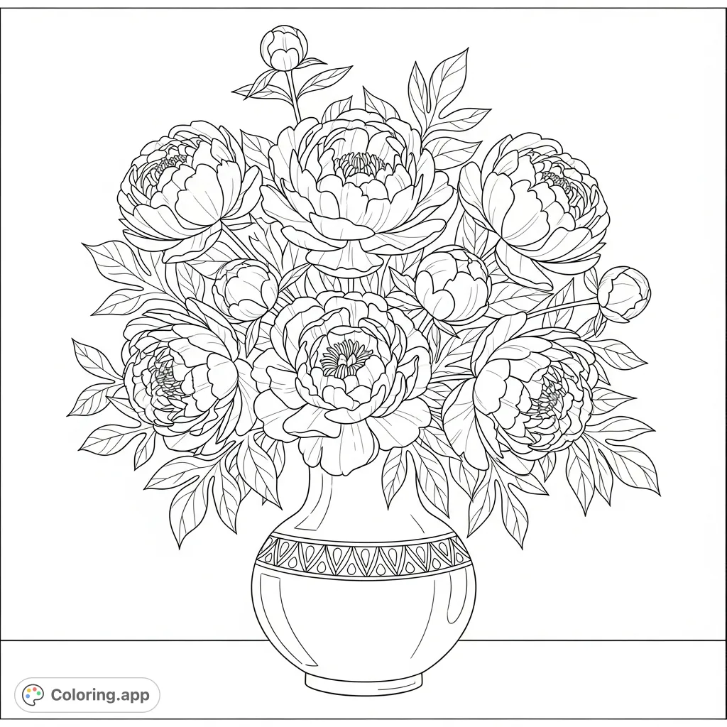 Color a beautiful bouquet of fully bloomed peonies and delicate buds in an elegantly etched vase. Perfect for floral art enthusiasts.