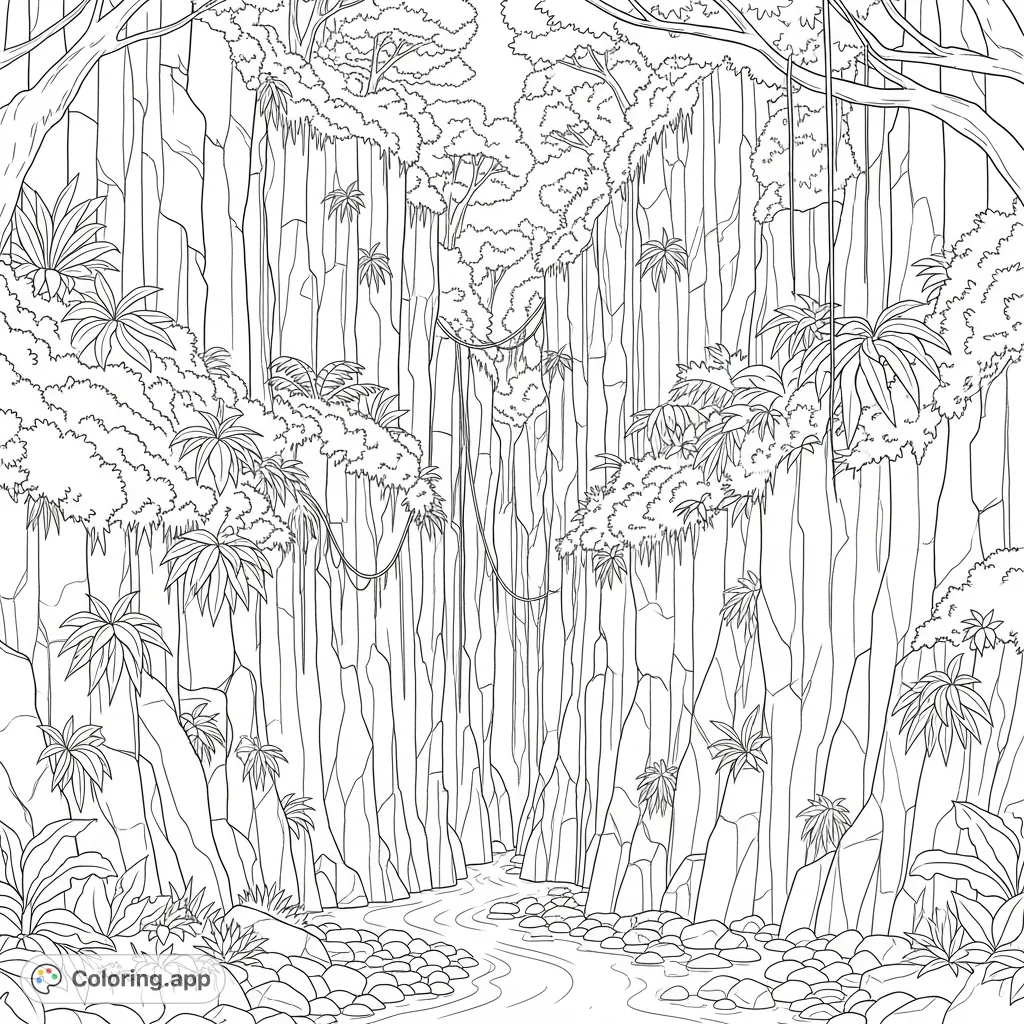 Explore a breathtaking rainforest ravine with towering, vine-draped walls and a vibrant array of ferns. A serene stream winds through the lush canyon floor, inviting discovery.