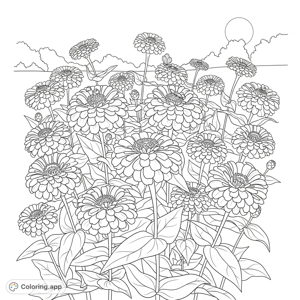 A vibrant coloring page featuring a dense patch of zinnia flowers in full bloom, showcasing intricate petals, lush leaves, and subtle background elements.