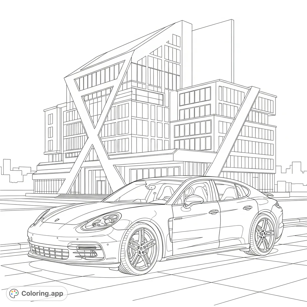 Color a sophisticated luxury sedan parked gracefully before a sleek, modern architectural building with crisp lines and geometric shapes. A premium design.
