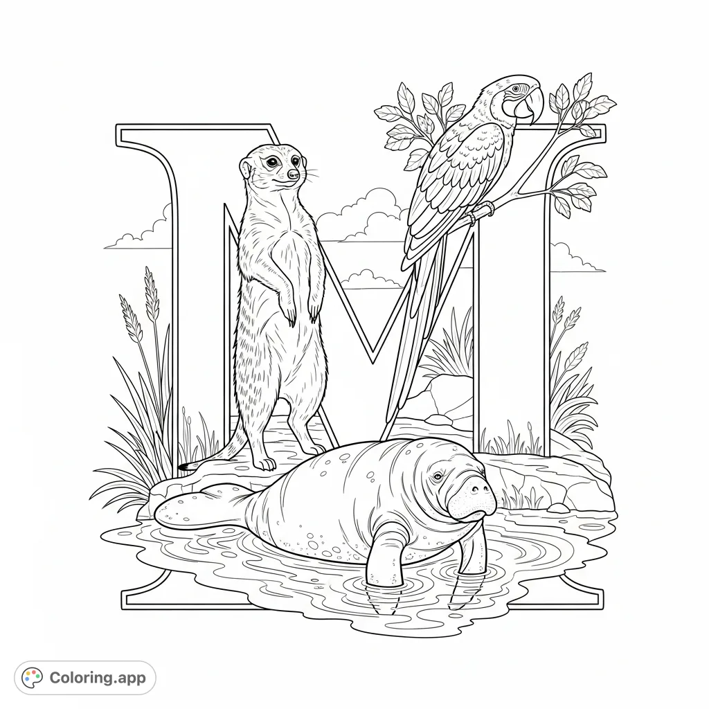Discover the alphabet with this captivating M coloring page featuring a meerkat, macaw, and manatee. A fun, free printable for animal lovers!
