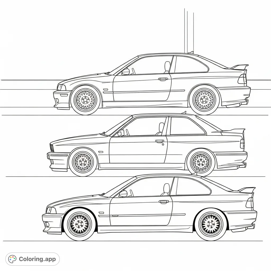 Explore the iconic evolution of M3-style car design with this detailed silhouette coloring page, perfect for automotive enthusiasts.