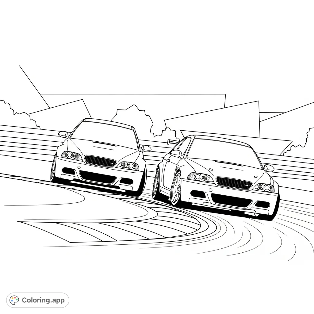 Experience the thrill of a high-speed track battle! Two M3-inspired cars corner intensely against a backdrop of abstract, dynamic shapes.