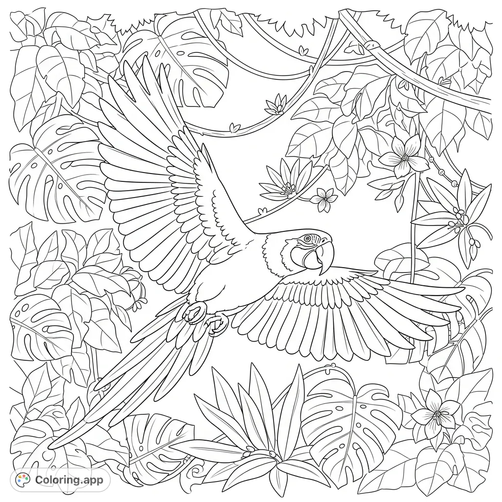 A vibrant macaw with detailed feathers gracefully flies through a lush, dense jungle canopy filled with broad leaves, intertwining vines, and exotic blossoms.