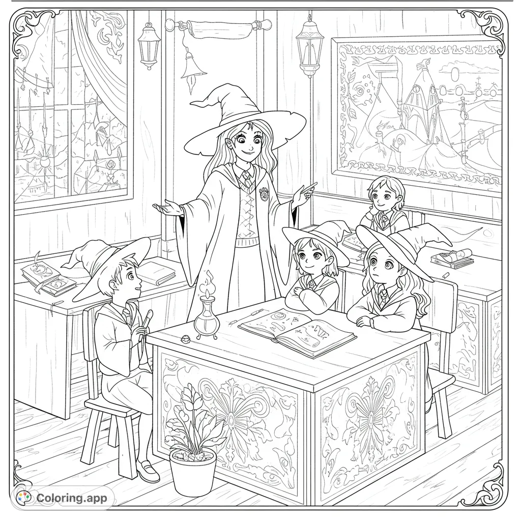 Enter a magical classroom where a witch teacher guides young students through spellbook lessons. A free printable magic school coloring page for kids and adults.