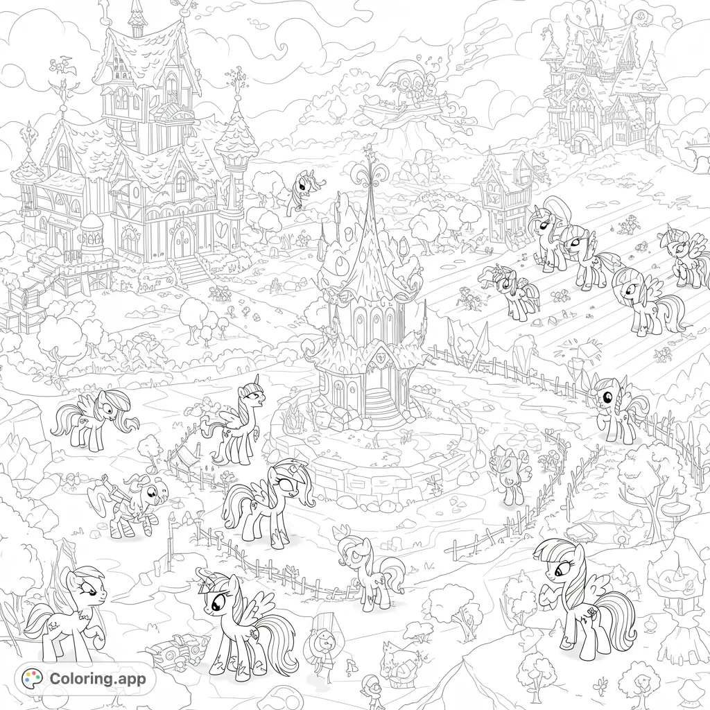 Explore a whimsical fantasy pony world with enchanting castles, charming houses, and numerous ponies. A free printable coloring page for all ages.