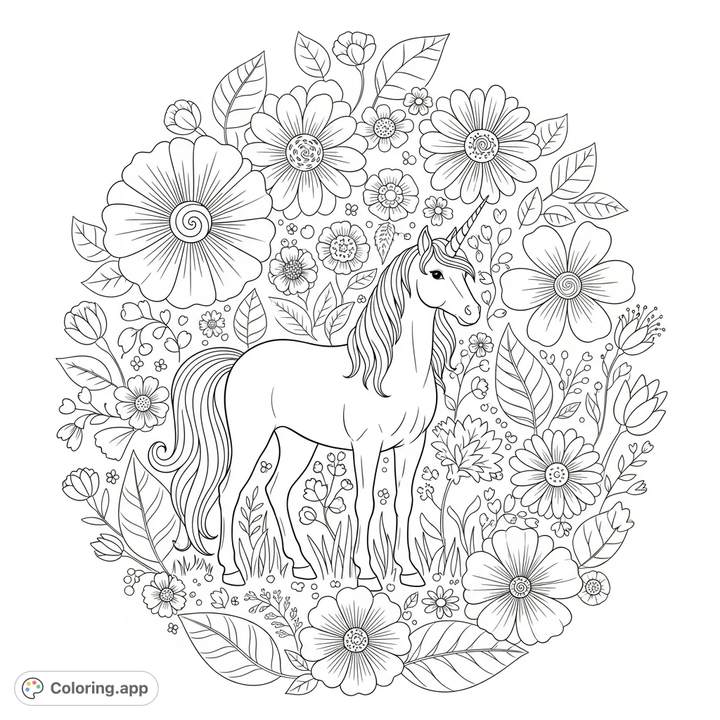 A majestic unicorn with a flowing mane and spiraling horn stands amidst a vibrant garden of oversized, fantastical flowers and intricate botanical elements.