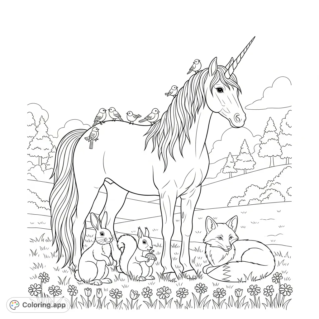A serene coloring page depicting a majestic unicorn surrounded by an enchanting gathering of various woodland animals amidst a peaceful natural landscape.