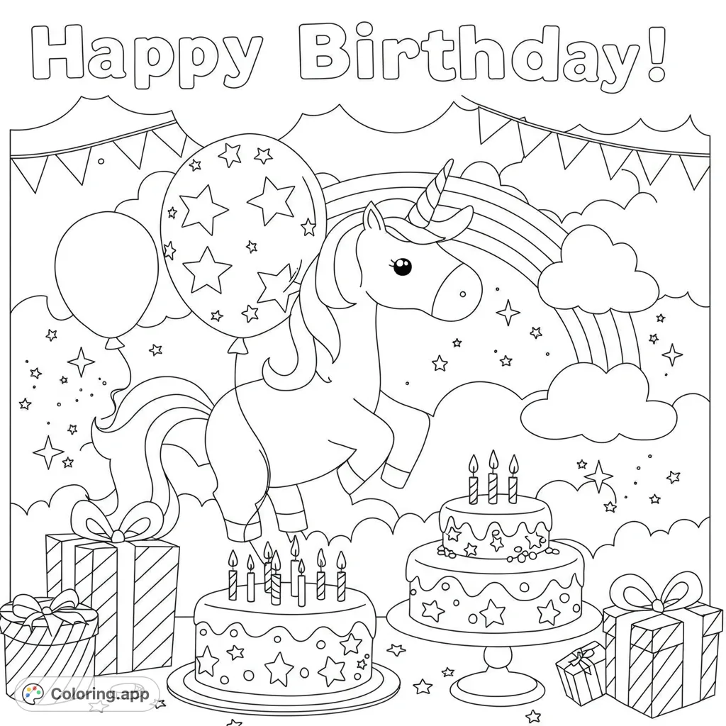 A whimsical unicorn celebrates with birthday cakes, balloons, and gifts, surrounded by stars and a rainbow. Perfect for a magical coloring adventure!