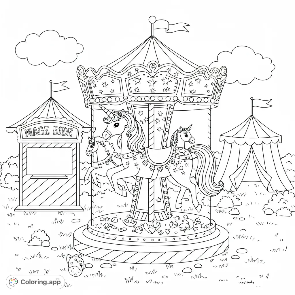 Enchanting unicorn carousel at a lively fairground, surrounded by a ticket booth and circus tent, perfect for magical coloring fun.