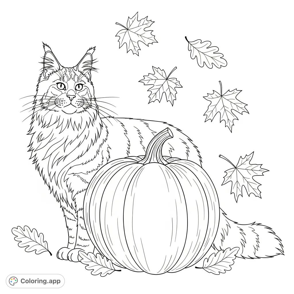 A charming coloring page featuring a regal Maine Coon cat next to a large pumpkin, surrounded by scattered autumn leaves. Perfect for fall enthusiasts.