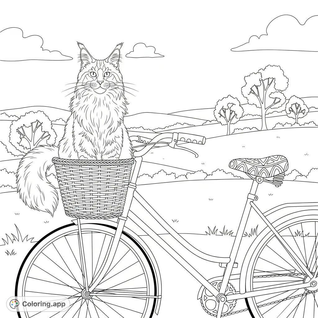 A charming Maine Coon cat in a wicker basket on a classic bicycle, set against a tranquil outdoor landscape. Perfect for animal and nature lovers.