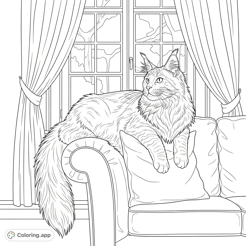A detailed coloring page featuring a fluffy Maine Coon cat lounging on a sofa armrest, with an ornate window and flowing curtains in the background.