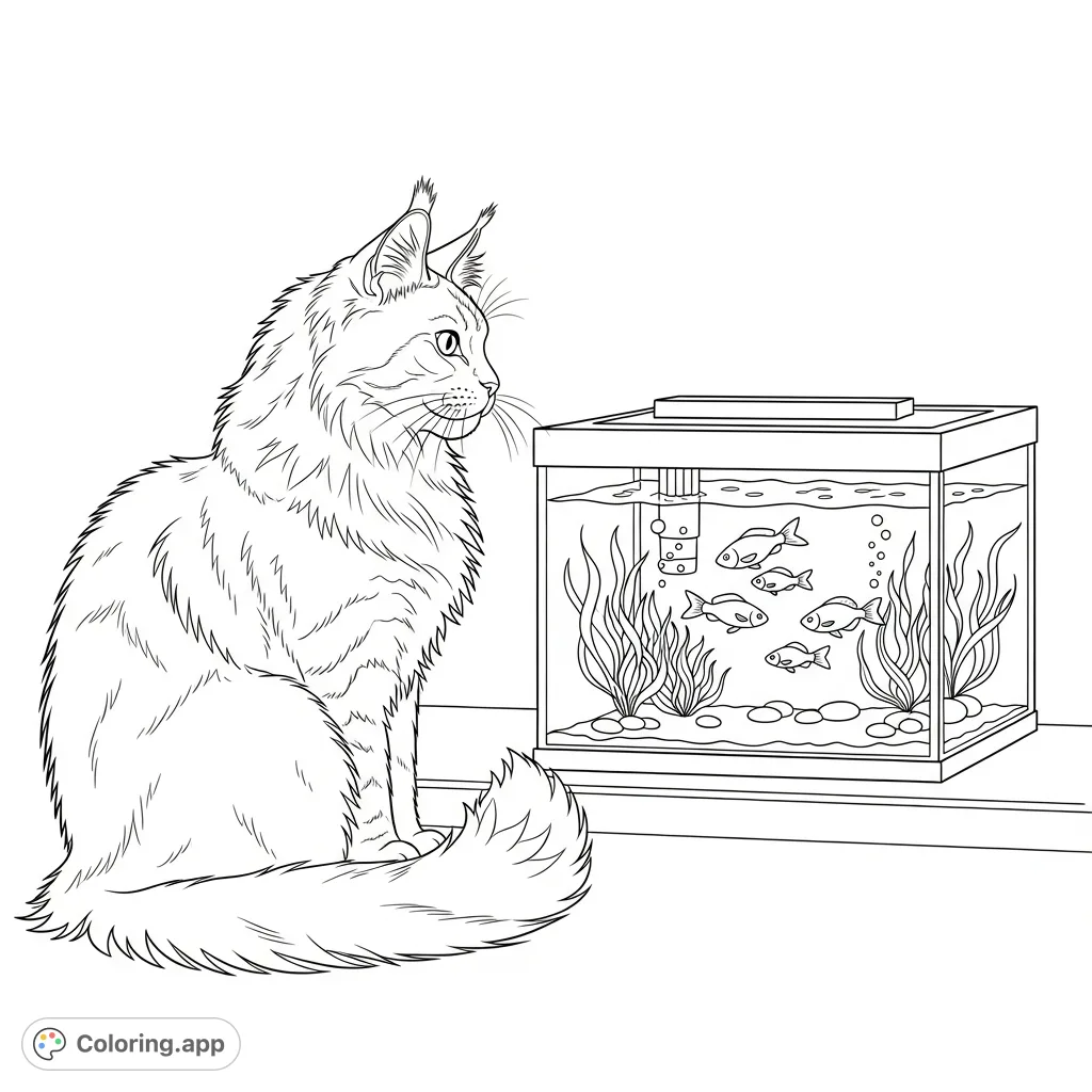 A fluffy Maine Coon cat intently watches fish swim in a small indoor tank. Features detailed fur, active fish, and simple reflections for a serene scene.