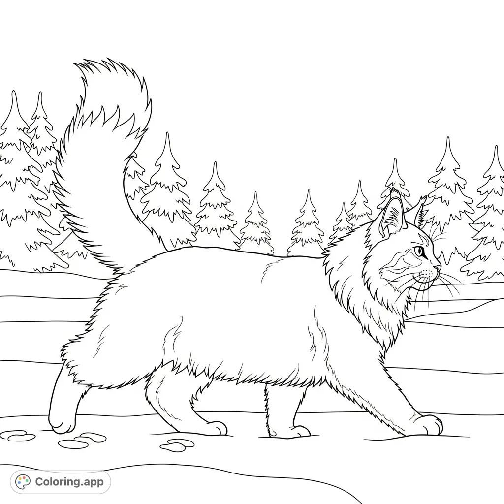 A fluffy Maine Coon cat walks through fresh snow, leaving paw prints. Simplified pine trees form the peaceful winter forest background.