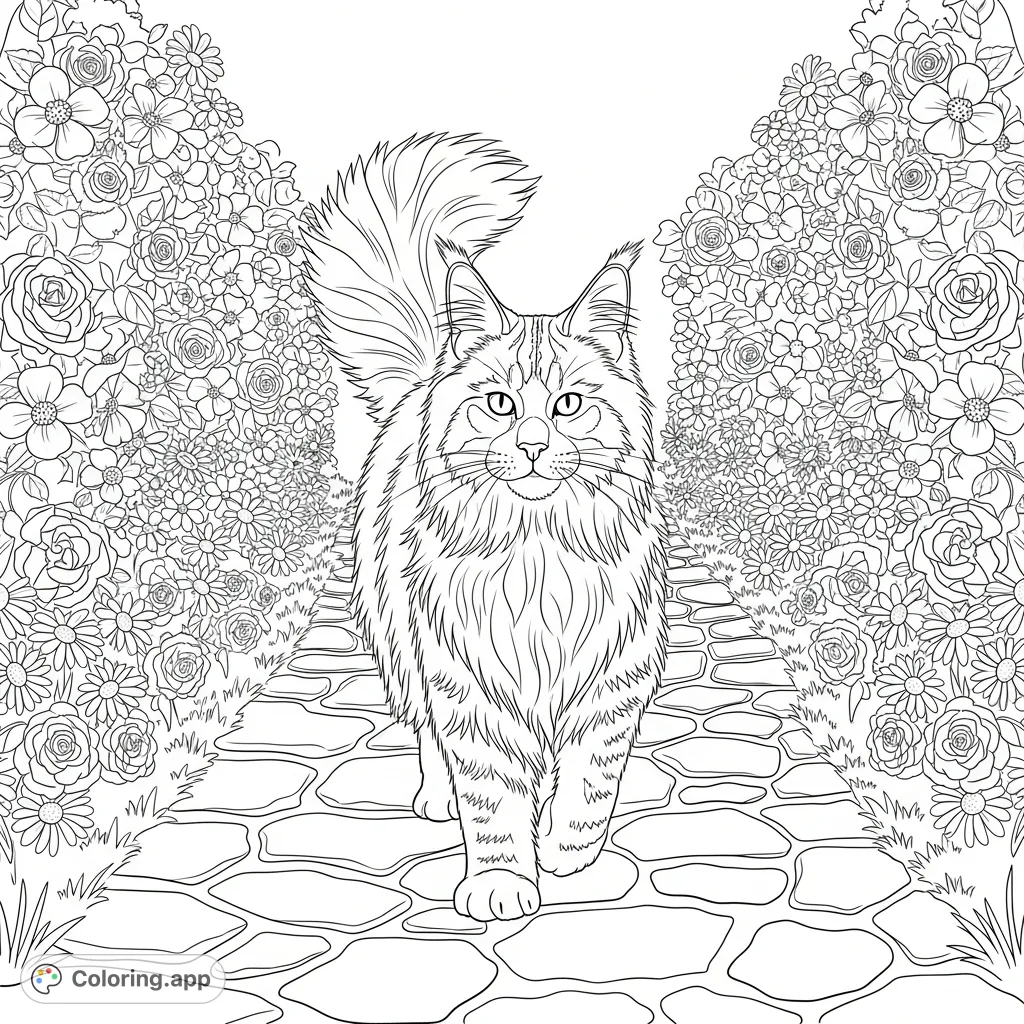 A majestic Maine Coon walks confidently along a winding garden path, its long fur detailed, while vibrant flowers beautifully frame the tranquil scene.