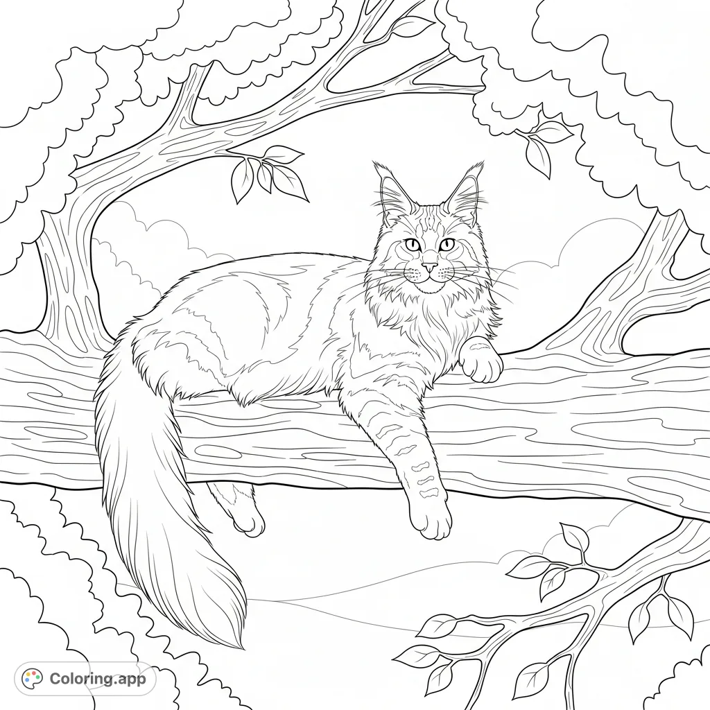 A majestic Maine Coon cat peacefully lounges on a sturdy tree branch, one paw dangling. Simplified foliage creates a serene, inviting nature scene.