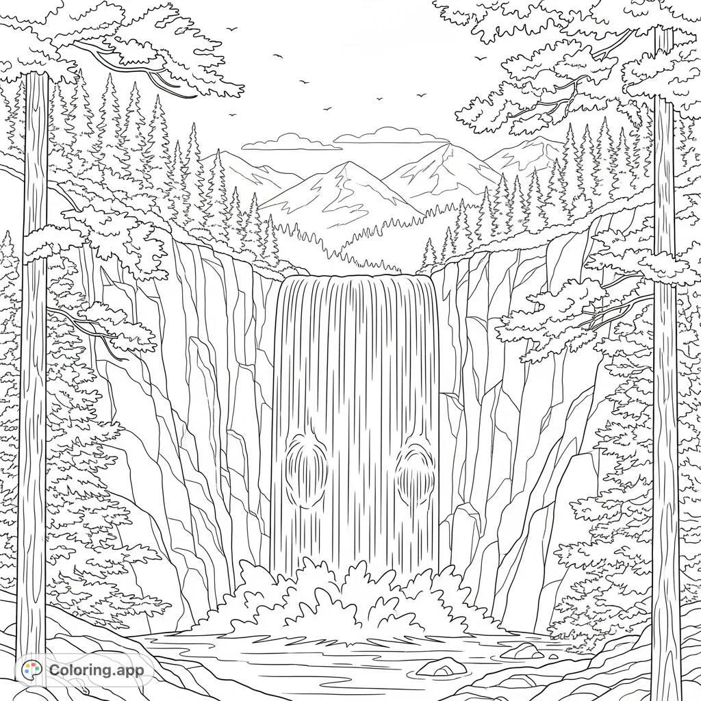 Experience the serene power of nature with this alpine waterfall scene. Tall pines frame a cascading torrent from a rugged cliff, inviting a tranquil coloring experience.