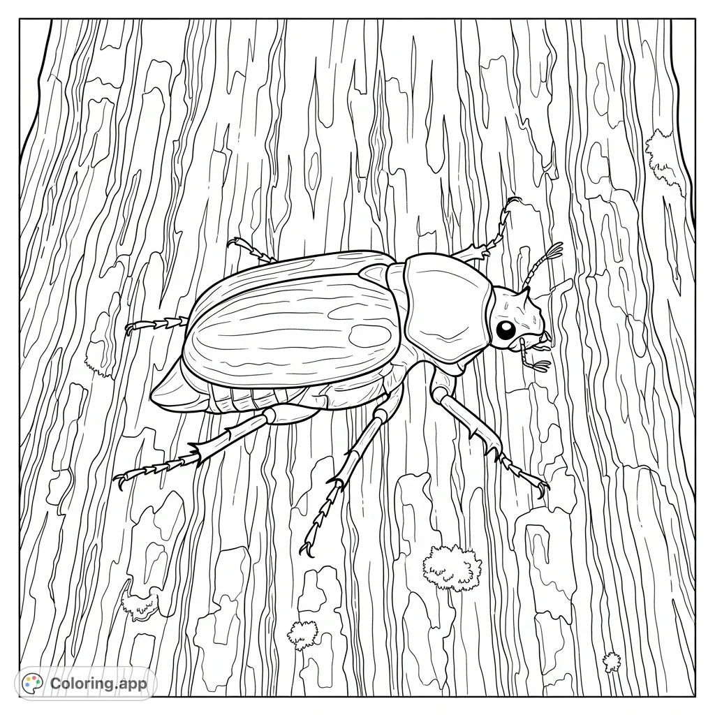 A highly detailed beetle with patterned wing covers traverses a rugged tree trunk, rich with natural textures. Ideal for nature enthusiasts.