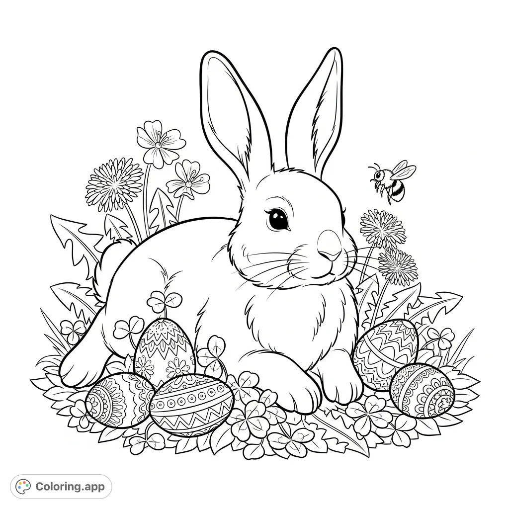 Discover a tranquil scene: a majestic bunny reclines on clover, surrounded by intricately patterned eggs and a hovering bumblebee. A delightful spring coloring page!