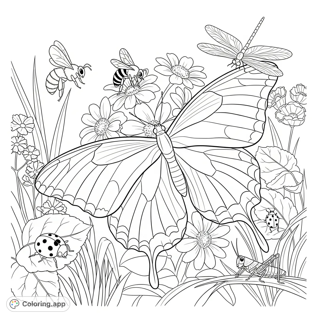 An intricate coloring page featuring a grand butterfly at the heart of a vibrant garden, surrounded by busy bees, elegant dragonflies, and hidden ladybugs.