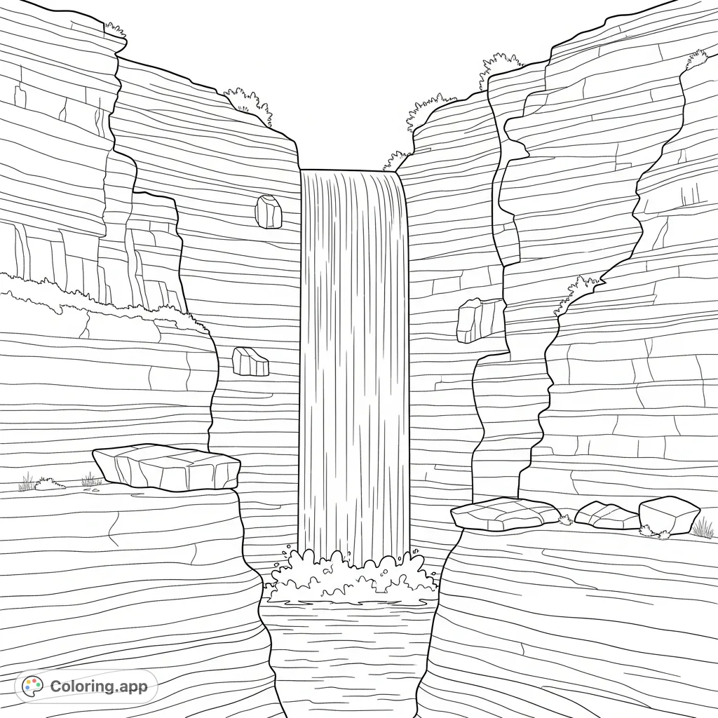 Experience the awe-inspiring beauty of a canyon waterfall plunging into a slot canyon, framed by ancient, layered rock formations. A majestic natural scene awaits.