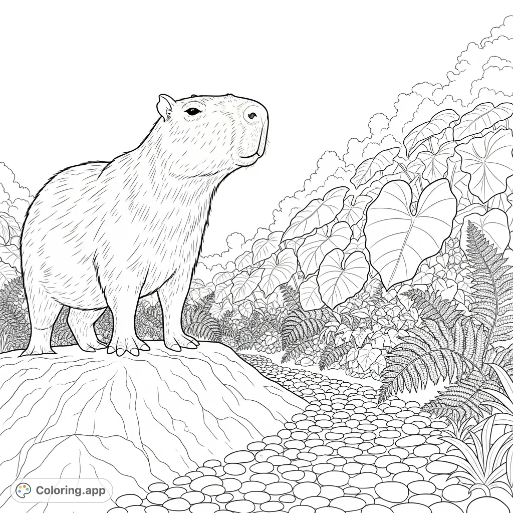 Capture the serene majesty of a capybara standing sentinel on an earthy mound, with a winding pebble path leading into a dense thicket of lush foliage.