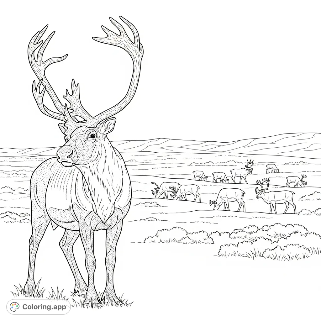 A majestic caribou stands detailed in the foreground, its antlers prominent. A herd of caribou silhouettes grazes in the distant tundra landscape.