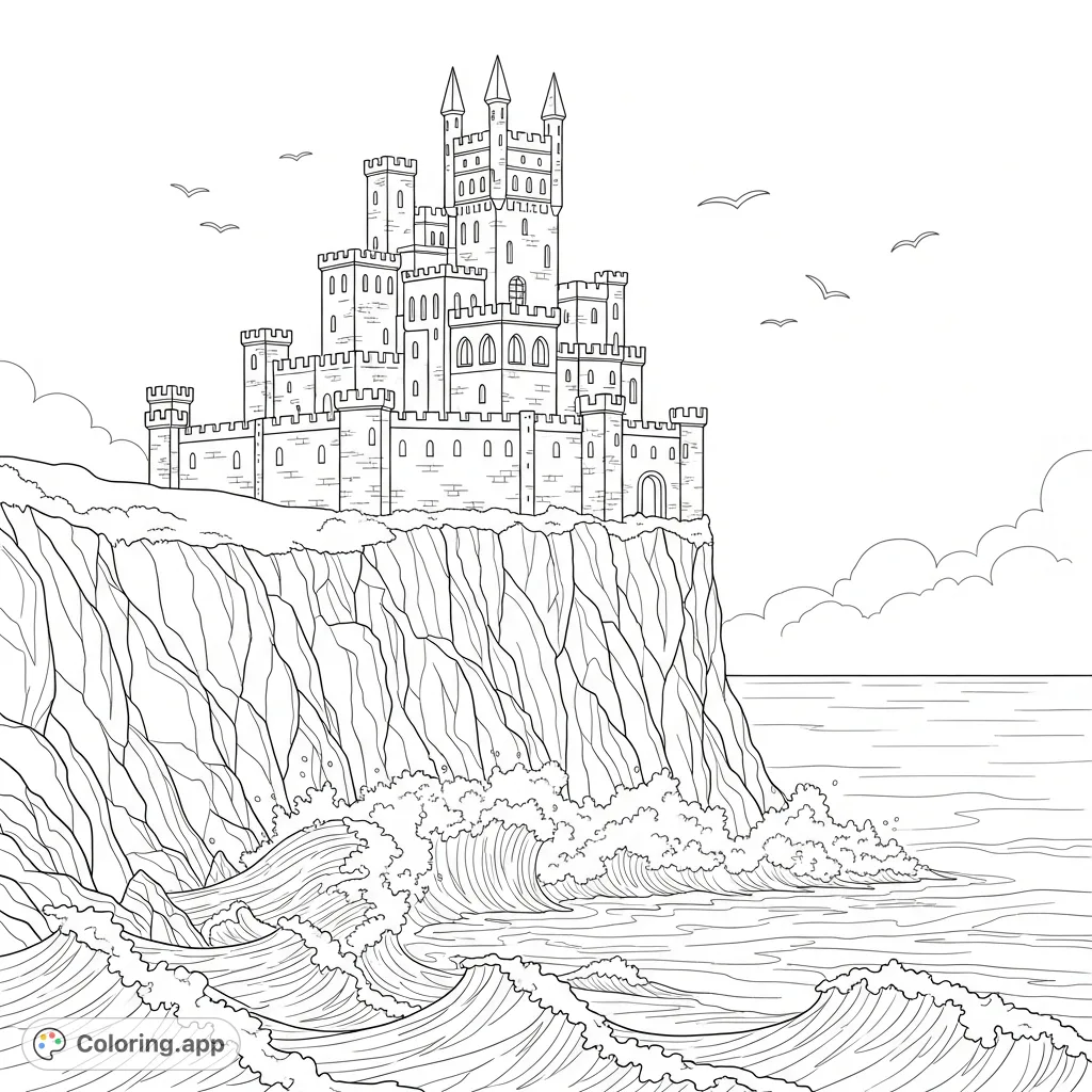 Immerse yourself in this stunning cliffside castle coloring page, featuring a grand fortress, crashing waves, and rugged rock formations. Perfect for all ages.