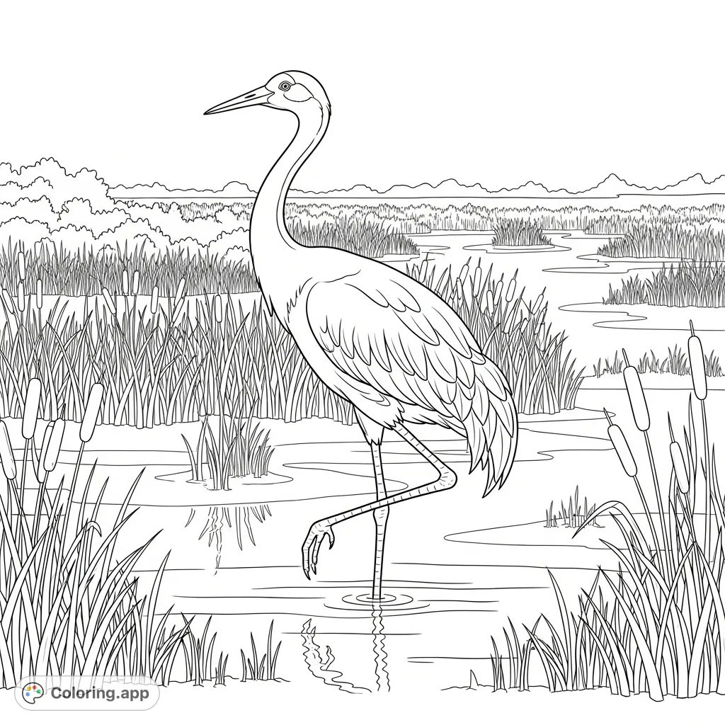 A majestic crane with long legs and a graceful neck wades in a tranquil marsh, surrounded by reeds and calm water, offering a peaceful nature scene.