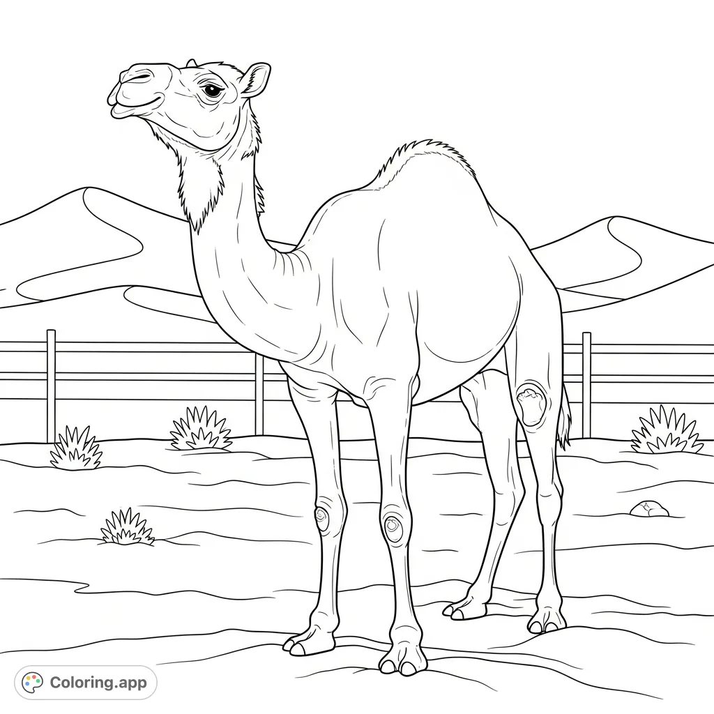 A detailed coloring page featuring a proud dromedary camel standing in a textured sandy enclosure, surrounded by gentle dunes and sparse desert plants.
