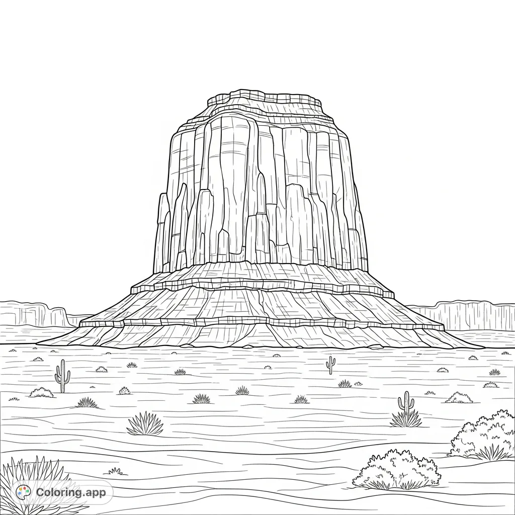 A colossal sandstone monolith dominates a vast desert landscape, featuring intricate erosion patterns and subtle sand ripples. Perfect for detailed coloring.