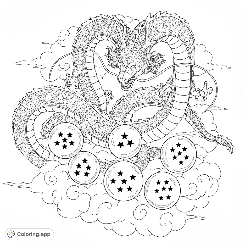 A powerful dragon forms a heart shape around seven star orbs on clouds. An epic fantasy coloring page, perfect for fans of mythical creatures and adventure.