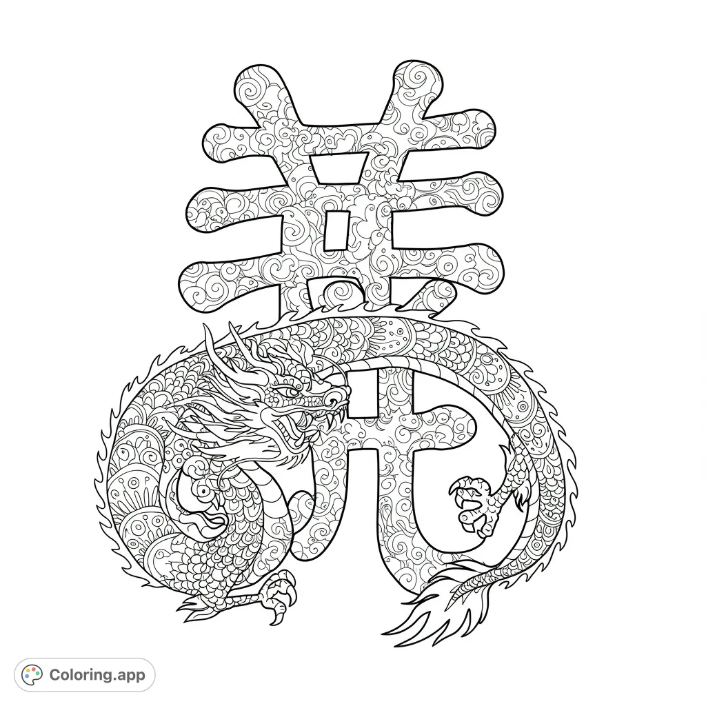 Intricate Chinese dragon coiled around a stylized character, filled with detailed patterns. A challenging free printable coloring page for all ages.