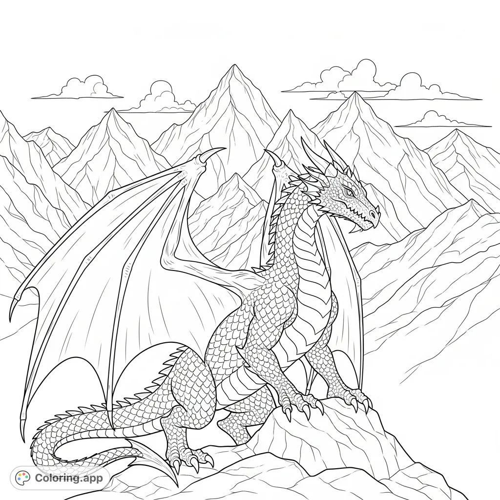 A powerful dragon with unfurled wings stands proudly amidst a rugged mountain range, featuring intricate scales and a vast, wild landscape.