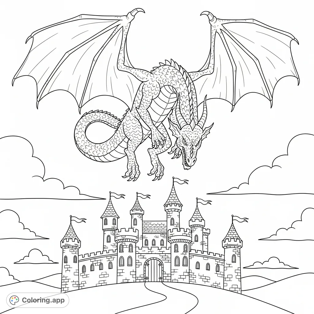 A majestic dragon soars above a grand medieval castle. Its powerful wings, intricate scales, and sharp features contrast with the castle's stone towers and sturdy walls.