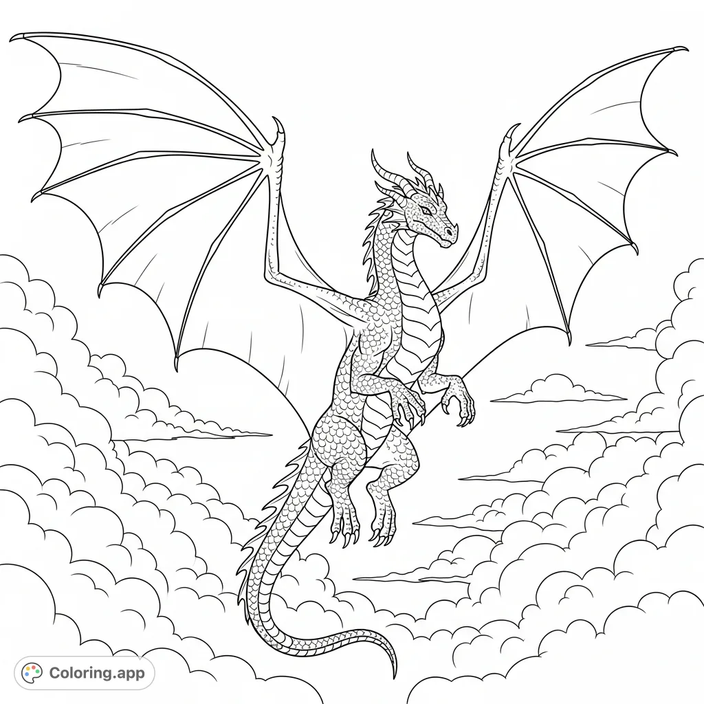 Experience the thrill of coloring a powerful dragon with vast wings, gracefully flying amidst a dramatic cloudscape. Perfect for fantasy enthusiasts.