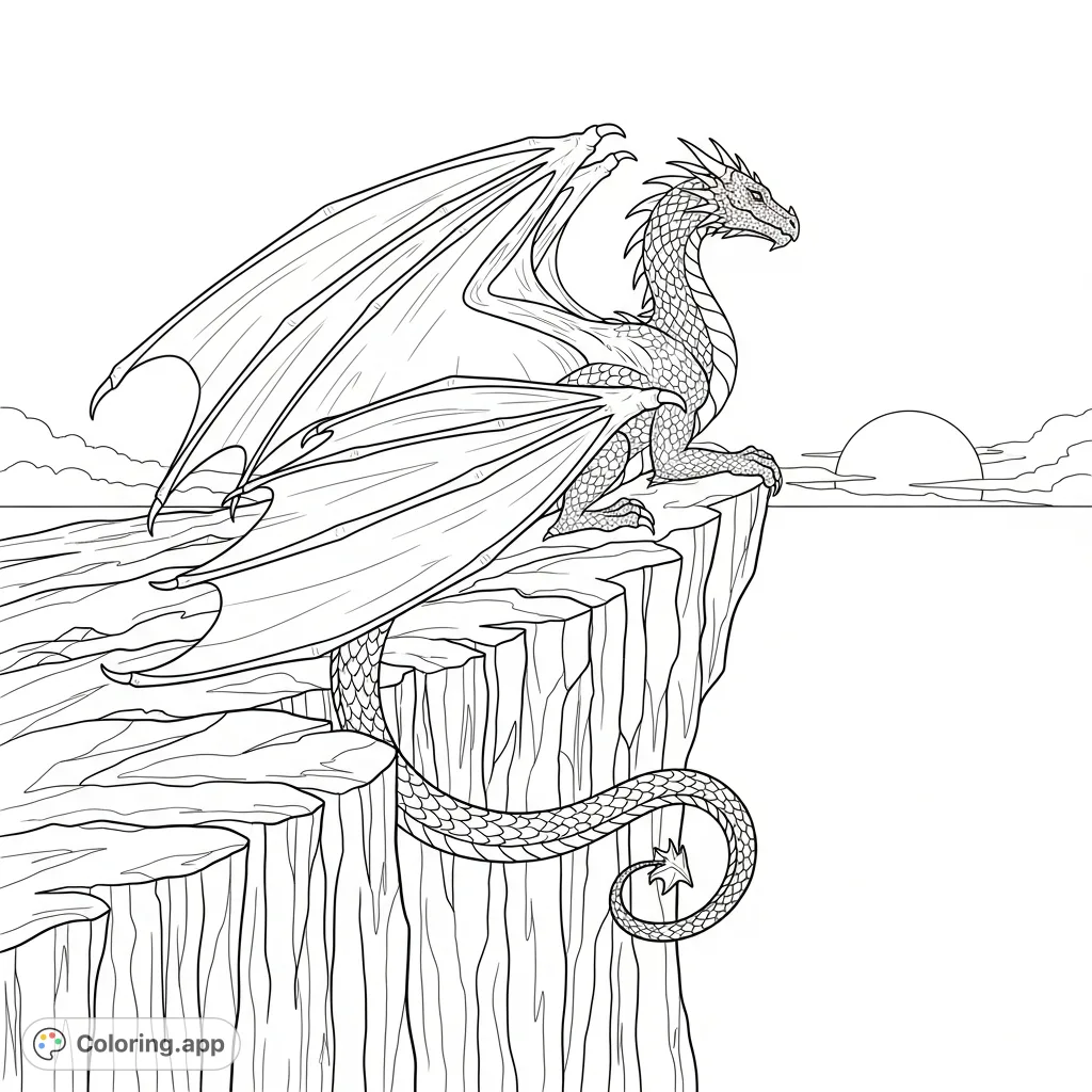 A powerful dragon perches on a rugged cliff, wings folded, overlooking a vast horizon as a large sun descends. Detailed scales and textures.