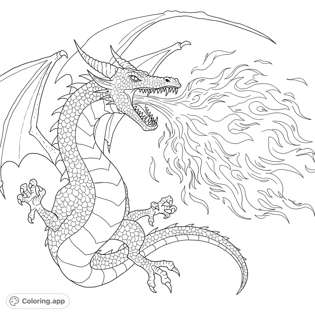 A powerful fire-breathing dragon in dynamic flight, featuring intricate scales, sharp claws, and a dramatic plume of flames, perfect for fantasy coloring.