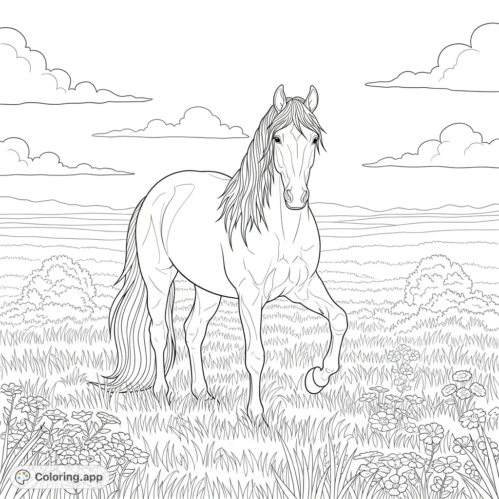 A detailed coloring page featuring a graceful horse standing amidst a wildflower-filled meadow under a bright, cloud-dotted sky. Perfect for nature lovers!