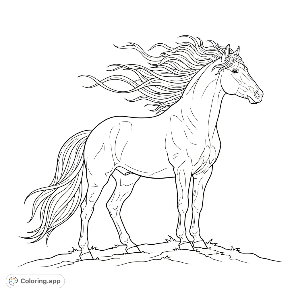 A majestic horse stands proudly on a rise, its flowing mane and tail swept by an unseen wind, capturing a moment of powerful grace and natural beauty.