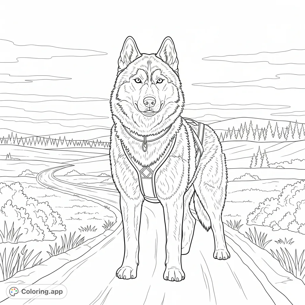A powerful husky with detailed harness gear stands alert on a winding training trail. The background features gentle hills and distant trees under an open sky.