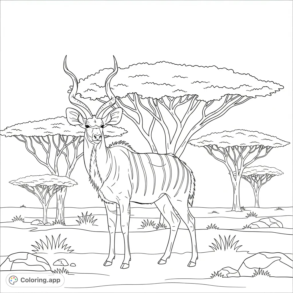 A majestic kudu with spiraled horns stands near tall acacia trees, its ears alert. Features vertical stripes and sparse savanna ground details.