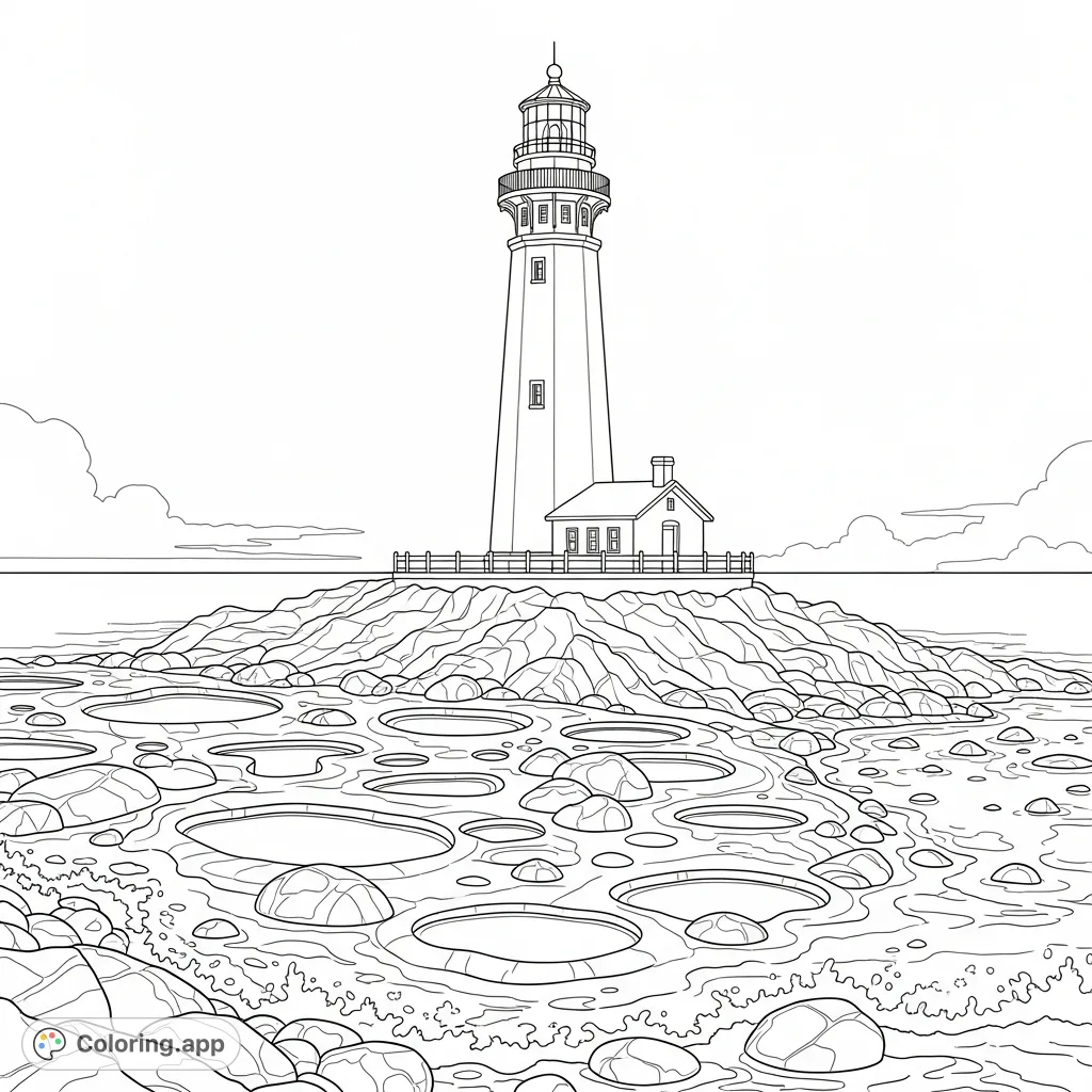 Color a detailed lighthouse standing tall on a rugged rocky peninsula, surrounded by intricate tide pools and scattered stones, with gentle waves below.