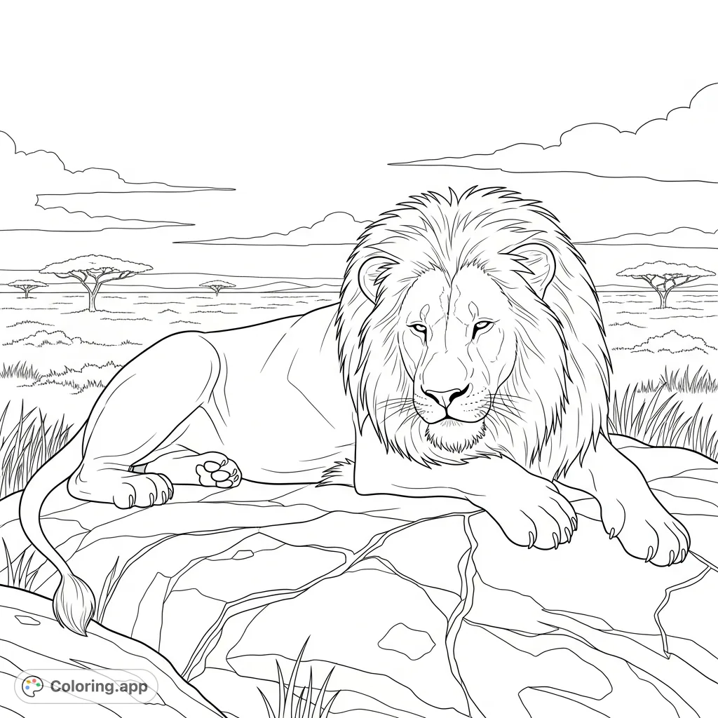 Color a majestic lion resting peacefully on a weathered rock amidst the expansive savanna, detailed with a flowing mane and textured landscapes.