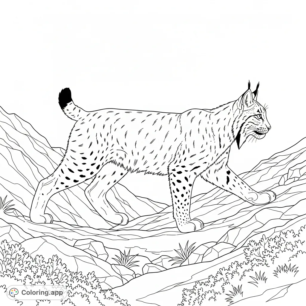 A regal lynx walks a rugged alpine slope, its short tail and thick paws prominent. Detailed rocks and sparse vegetation define the mountainous setting.