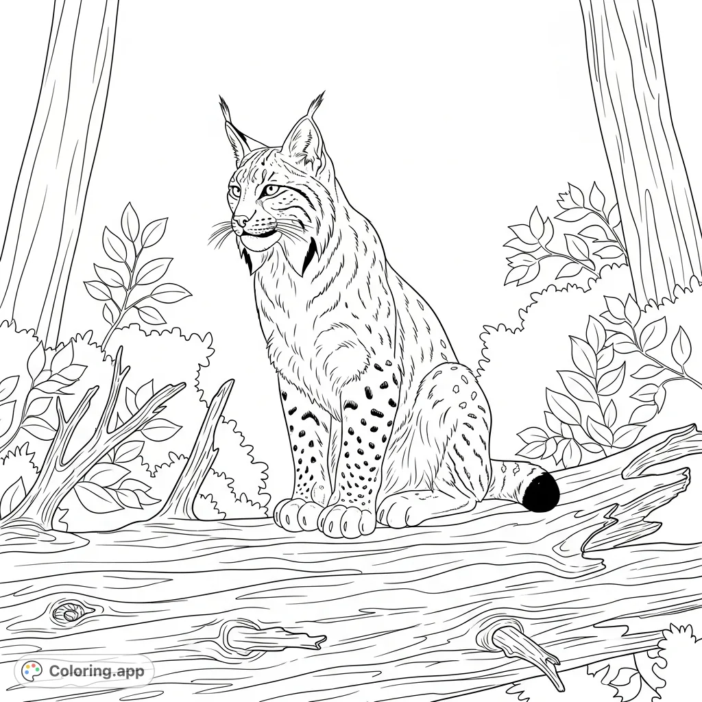 Color a majestic lynx perched on a fallen tree trunk amidst a forest. Featuring prominent ear tufts and detailed bark textures.